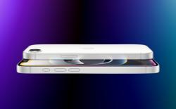 product shot of the iPhone 16e from the side in front of a gradient purple and blue background