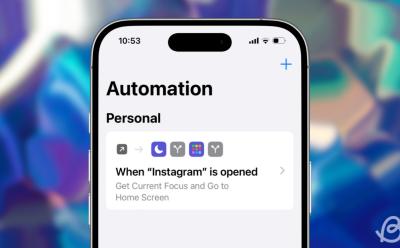 illustration featuring an iPhone previewing an App Blocker Automation inside Shortcuts app in front of a blurred abstract background