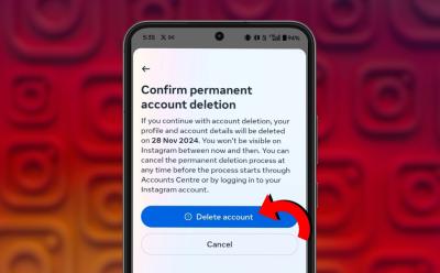 Delete Account screen with Instagram logos in the background