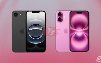 product images of iPhone 16e and iPhone 16 placed on top of a pinkish gradient background with "Vs" text in the middle for comparison